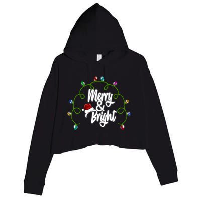 Merry And Bright Santa Hat Colorful Lights Christmas Gift Crop Fleece Hoodie