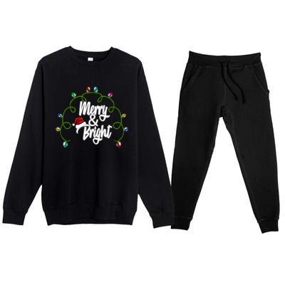 Merry And Bright Santa Hat Colorful Lights Christmas Gift Premium Crewneck Sweatsuit Set