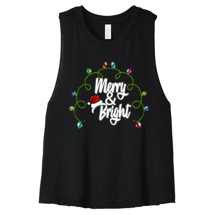 Merry And Bright Santa Hat Colorful Lights Christmas Gift Women's Racerback Cropped Tank