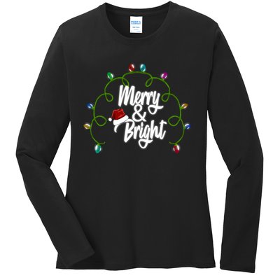 Merry And Bright Santa Hat Colorful Lights Christmas Gift Ladies Long Sleeve Shirt