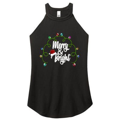 Merry And Bright Santa Hat Colorful Lights Christmas Gift Women's Perfect Tri Rocker Tank