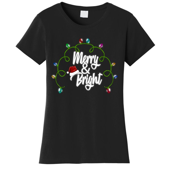 Merry And Bright Santa Hat Colorful Lights Christmas Gift Women's T-Shirt