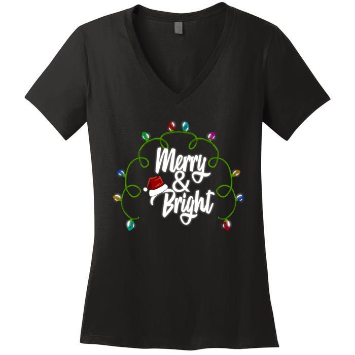 Merry And Bright Santa Hat Colorful Lights Christmas Gift Women's V-Neck T-Shirt