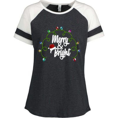 Merry And Bright Santa Hat Colorful Lights Christmas Gift Enza Ladies Jersey Colorblock Tee