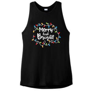 Merry And Bright Santa Christmas Xmas Lights Pajamas Holiday Ladies PosiCharge Tri-Blend Wicking Tank