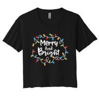 Merry And Bright Santa Christmas Xmas Lights Pajamas Holiday Women's Crop Top Tee