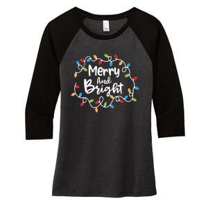 Merry And Bright Santa Christmas Xmas Lights Pajamas Holiday Women's Tri-Blend 3/4-Sleeve Raglan Shirt