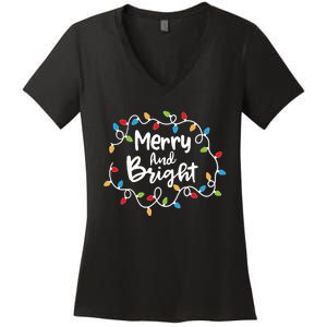 Merry And Bright Santa Christmas Xmas Lights Pajamas Holiday Women's V-Neck T-Shirt