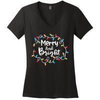 Merry And Bright Santa Christmas Xmas Lights Pajamas Holiday Women's V-Neck T-Shirt