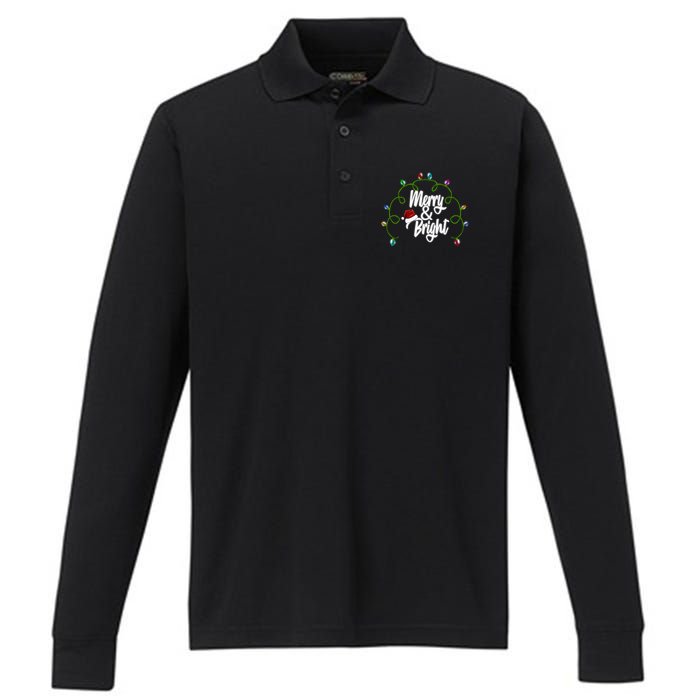 Merry And Bright Santa Hat Colorful Lights Christmas Gift Performance Long Sleeve Polo