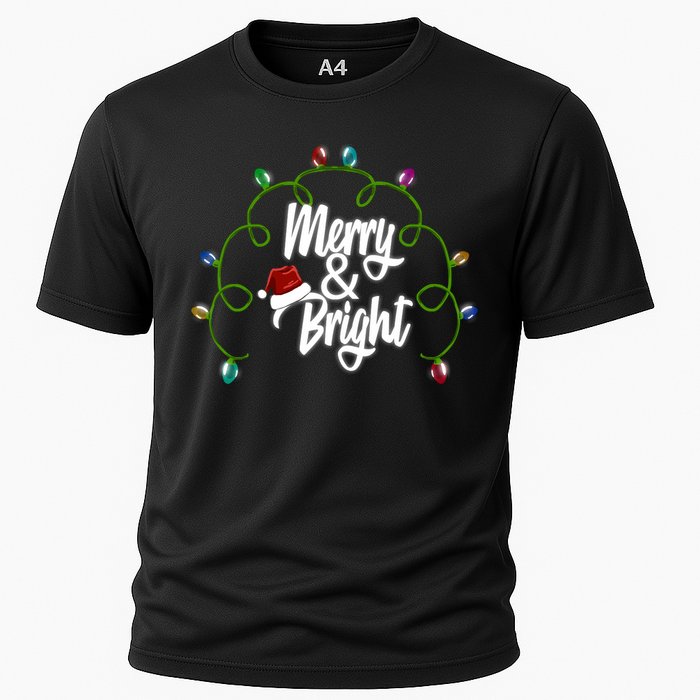 Merry And Bright Santa Hat Colorful Lights Christmas Gift Cooling Performance Crew T-Shirt