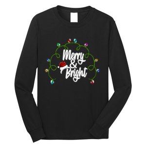 Merry And Bright Santa Hat Colorful Lights Christmas Gift Long Sleeve Shirt