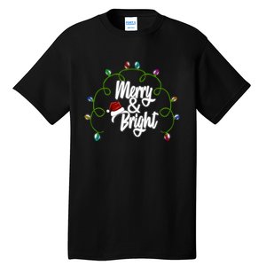 Merry And Bright Santa Hat Colorful Lights Christmas Gift Tall T-Shirt