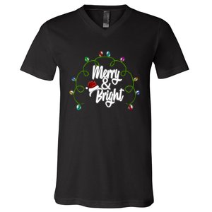 Merry And Bright Santa Hat Colorful Lights Christmas Gift V-Neck T-Shirt