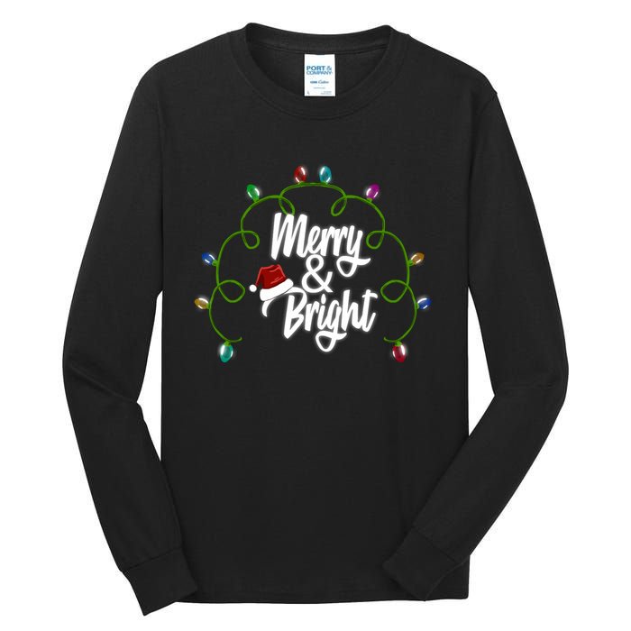 Merry And Bright Santa Hat Colorful Lights Christmas Gift Tall Long Sleeve T-Shirt