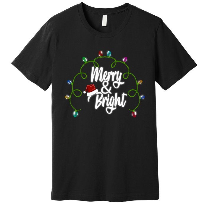 Merry And Bright Santa Hat Colorful Lights Christmas Gift Premium T-Shirt