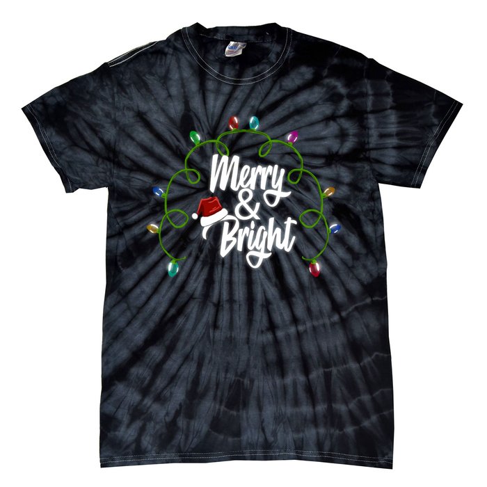 Merry And Bright Santa Hat Colorful Lights Christmas Gift Tie-Dye T-Shirt