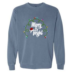 Merry And Bright Santa Hat Colorful Lights Christmas Gift Garment-Dyed Sweatshirt