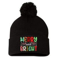 Merry And Bright Cute Christmas Holiday Long Sleeve Pom Pom 12in Knit Beanie