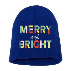 Merry And Bright Christmas Holiday Colorful Cheerful Cool Gift Short Acrylic Beanie