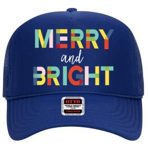 Merry And Bright Christmas Holiday Colorful Cheerful Cool Gift High Crown Mesh Back Trucker Hat