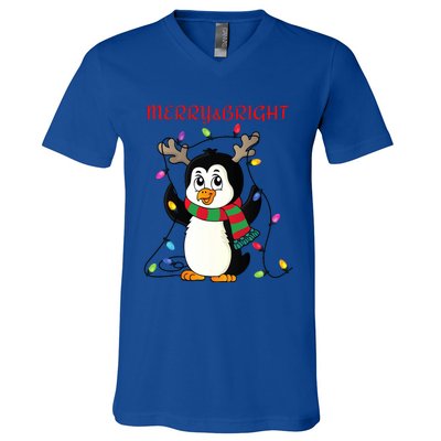 Merry And Bright . Merry And Bright Christmas Penguin V-Neck T-Shirt