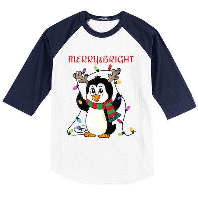 Merry And Bright . Merry And Bright Christmas Penguin Baseball Sleeve Shirt