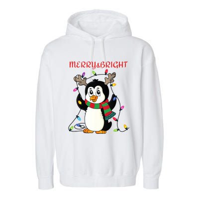 Merry And Bright . Merry And Bright Christmas Penguin Garment-Dyed Fleece Hoodie