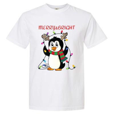 Merry And Bright . Merry And Bright Christmas Penguin Garment-Dyed Heavyweight T-Shirt