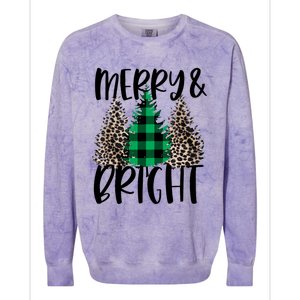 Merry And Bright Christmas Leopard Print Tree Buffalo Plaid Colorblast Crewneck Sweatshirt