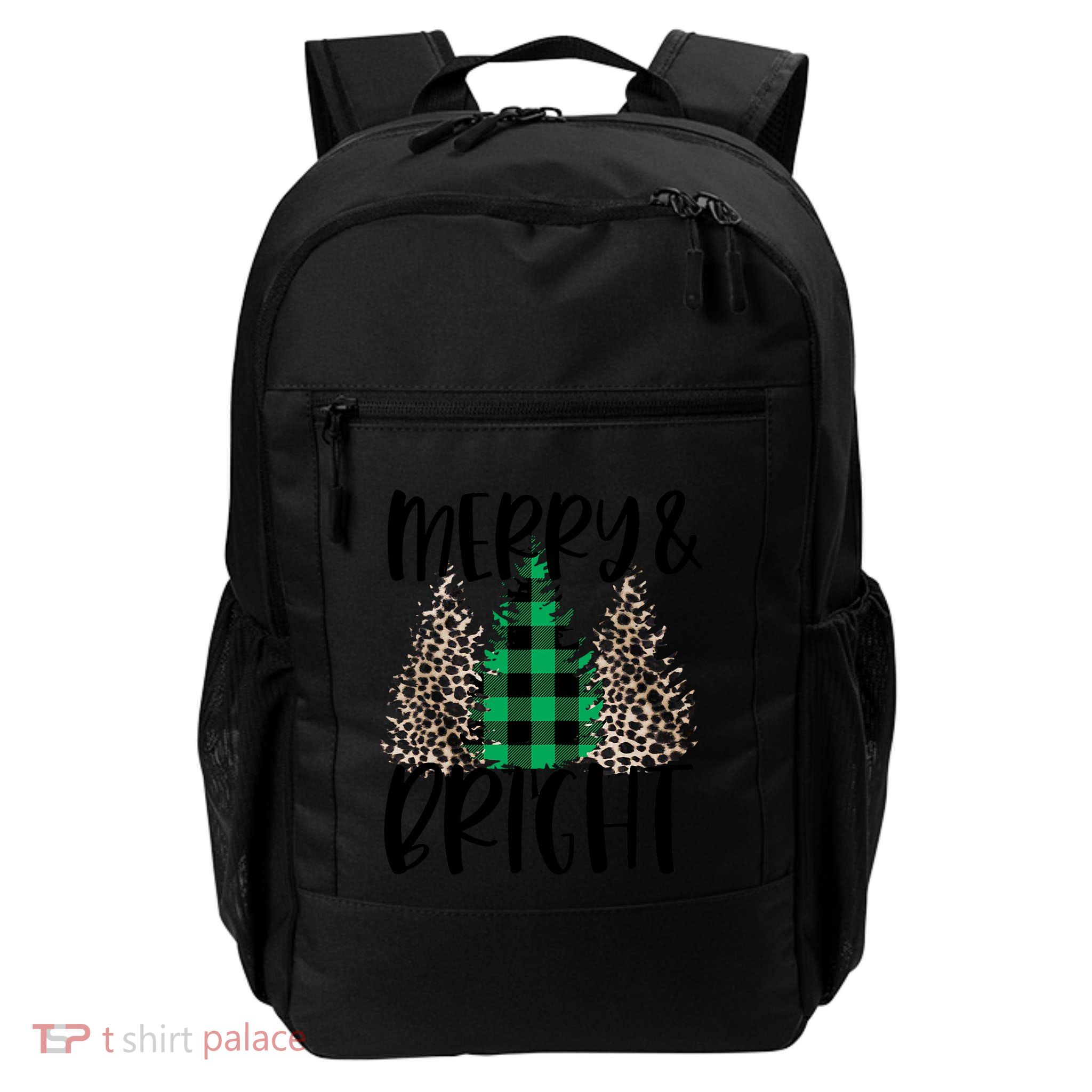 Merry And Bright Christmas Leopard Print Tree Buffalo Plaid Daily Commute Backpack