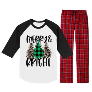 Merry And Bright Christmas Leopard Print Tree Buffalo Plaid Raglan Sleeve Pajama Set