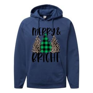 Merry And Bright Christmas Leopard Print Tree Buffalo Plaid Performance Fleece Hoodie