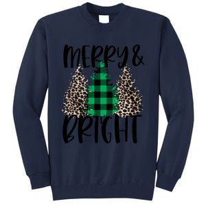 Merry And Bright Christmas Leopard Print Tree Buffalo Plaid Tall Sweatshirt