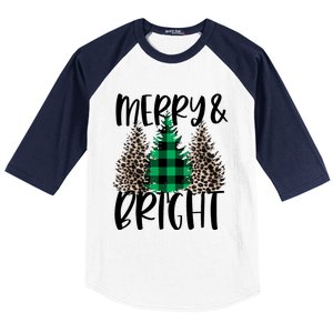 Merry And Bright Christmas Leopard Print Tree Buffalo Plaid Baseball Sleeve Shirt