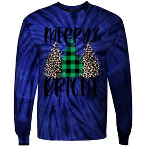 Merry And Bright Christmas Leopard Print Tree Buffalo Plaid Tie-Dye Long Sleeve Shirt