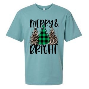 Merry And Bright Christmas Leopard Print Tree Buffalo Plaid Sueded Cloud Jersey T-Shirt