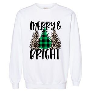 Merry And Bright Christmas Leopard Print Tree Buffalo Plaid Garment-Dyed Sweatshirt