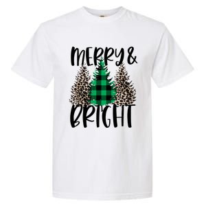 Merry And Bright Christmas Leopard Print Tree Buffalo Plaid Garment-Dyed Heavyweight T-Shirt