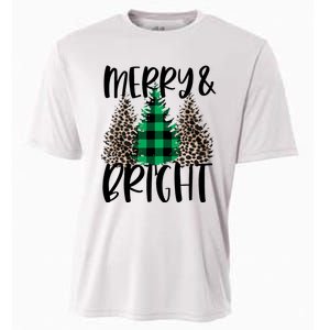 Merry And Bright Christmas Leopard Print Tree Buffalo Plaid Cooling Performance Crew T-Shirt