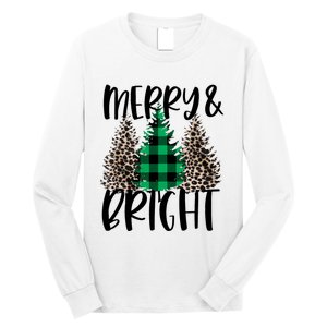 Merry And Bright Christmas Leopard Print Tree Buffalo Plaid Long Sleeve Shirt