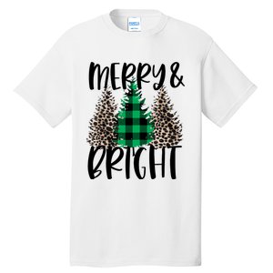 Merry And Bright Christmas Leopard Print Tree Buffalo Plaid Tall T-Shirt