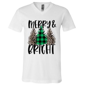 Merry And Bright Christmas Leopard Print Tree Buffalo Plaid V-Neck T-Shirt