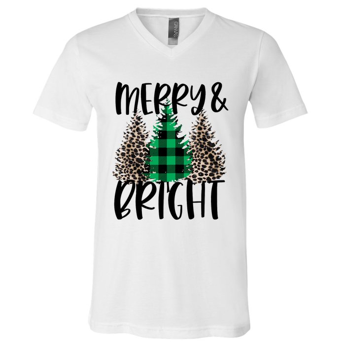 Merry And Bright Christmas Leopard Print Tree Buffalo Plaid V-Neck T-Shirt