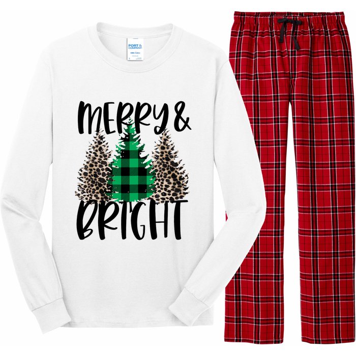 Merry And Bright Christmas Leopard Print Tree Buffalo Plaid Long Sleeve Pajama Set