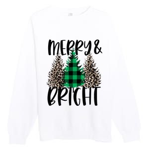 Merry And Bright Christmas Leopard Print Tree Buffalo Plaid Premium Crewneck Sweatshirt