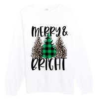 Merry And Bright Christmas Leopard Print Tree Buffalo Plaid Premium Crewneck Sweatshirt