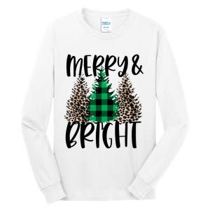 Merry And Bright Christmas Leopard Print Tree Buffalo Plaid Tall Long Sleeve T-Shirt