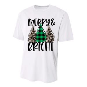 Merry And Bright Christmas Leopard Print Tree Buffalo Plaid Performance Sprint T-Shirt