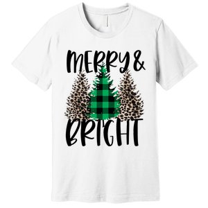 Merry And Bright Christmas Leopard Print Tree Buffalo Plaid Premium T-Shirt